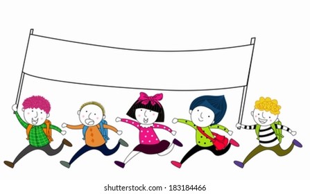 Kids running with an empty flag banner