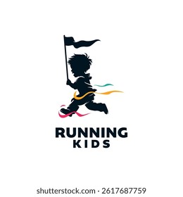 Kids running in finish with holding flag