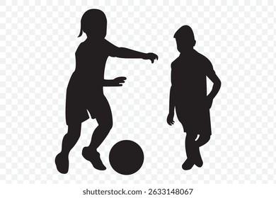 Crianças correndo Com silhueta de futebol, silhuetas crianças correndo em fundo transparente. EPS 10.