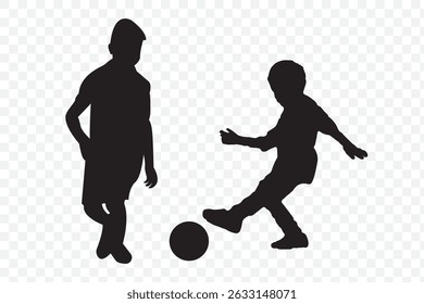 Crianças correndo Com silhueta de futebol, silhuetas crianças correndo em fundo transparente. EPS 10.