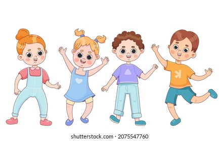 kids running, jumping, dancing, waving hand