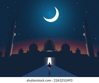 Niños corriendo hacia el diseño islámico vectorial de la mezquita