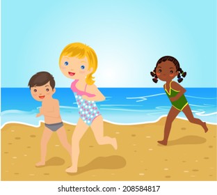 Kids running on the beach 
