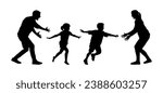 Kids running open arms to their parents vector silhouette. Parents playing games with children outdoor silhouettes.