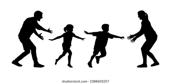 Kids running open arms to their parents vector silhouette. Parents playing games with children outdoor silhouettes.