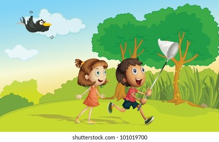 Kids running in the park with net