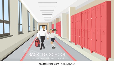 Kids running in the school hall Vector flat style. Back to school concept