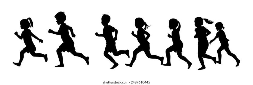 Kids running silhouette, children silhouettes running	