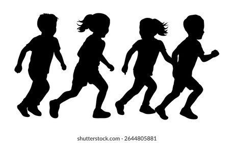 Kids running silhouettes, children in silhouette running side by side, children playing and activity