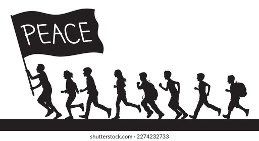 Kids running and waving peace flag vector silhouette.
