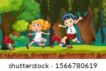 Kids running in woods scene illustration