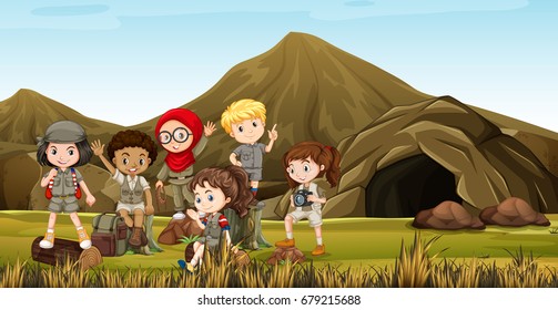 Kids in safari costume camping out by the cave illustration