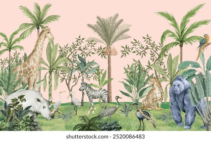 Crianças Safari, Jung Wall Mural, Animais, Árvore Tropical, Aquarela Fundo.