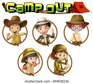 Kids in safari outfit on round badges illustration