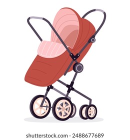 Kids safety transport. Newborn baby stroller for outdoor walking, toddlers pushchair isolated flat vector illustration. Cartoon baby wheeled stroller on white