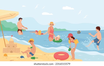 Kids safety in water flat composition with children swimming using inflatable tools under parents supervision vector illustration