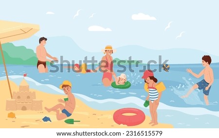 Kids safety in water flat composition with children swimming using inflatable tools under parents supervision vector illustration