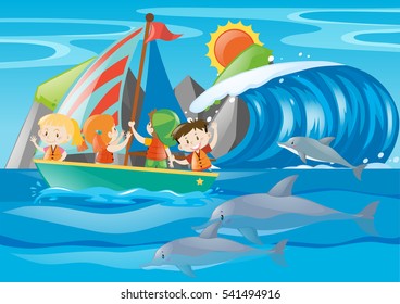 Kids sailing and dolphin in the ocean illustration