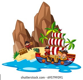 Kids sailing on pirate ship illustration