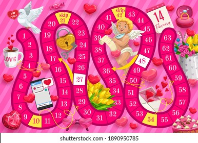 Kids Saint Valentine day boardgame with cupid and romantic gifts. Child board game with finding way task, educational activity. Cherub, flowers and cake, ring with gem, key from heart cartoon vector