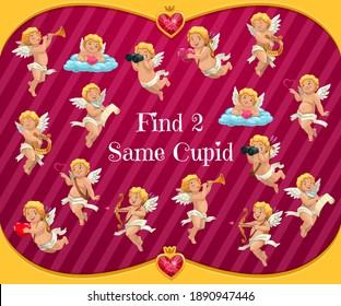 Kids Saint Valentine day puzzle game with cupids. Preschooler playing activity, child riddle with searching and compare task. Cherubs or angels with heart, binoculars and bow vector cartoon characters