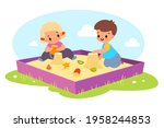 Kids in sandbox. Happy boy and girl play outdoor with sand and toys, children make cakes with plastic molds molds and bucket, babies games on playground. Vector cartoon isolated concept