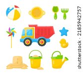 Kids sandbox toys cartoon illustration set. Colorful ball, sand castle, truck, childrens shovel and rake, bucket, sand molds. Outdoor activity, recreation, entertainment, development concept
