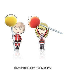 Kids with Santa Claus costume holding lollipop. Vector design 