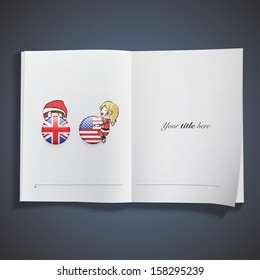 Kids with Santa Claus costume holding english buttons printed on book.