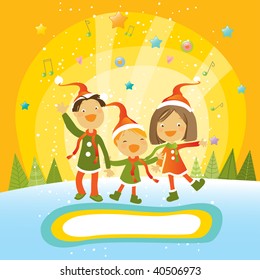 kids with santa' hat, singing, christmas card, free label for your text