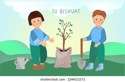 Kids with saplings to plant and garden tools.Tu bishvat. Jewish holiday.New Year for Trees. Vector cartoon doodle illustration