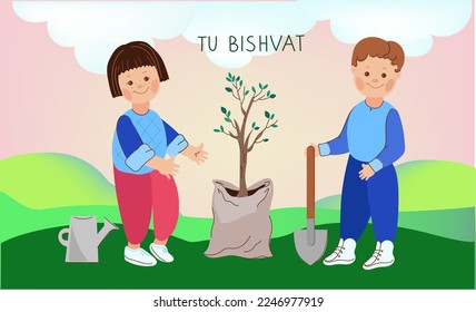 Kids with saplings to plant and garden tools.Tu bishvat. Jewish holiday.New Year for Trees. Vector cartoon doodle illustration