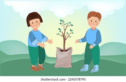 Kids with saplings to plant .Tu bishvat. Jewish holiday.New Year for Trees. Vector cartoon doodle illustration