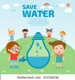 Kids for save water concept, Ecology Save The Water, Water conservation concept. Vector illustration