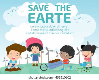 Kids for Saving Earth , child for Saving the world, kids save planet, ecology concept, cartoon character