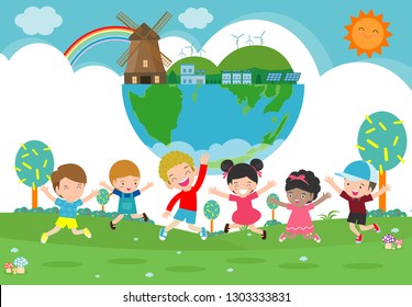 Kids for Saving Earth, save the world, save planet, ecology concept, cute kid cartoon character isolated on white background vector illustration