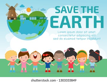 Kids for Saving Earth, save the world, save planet, ecology concept, cute kid cartoon character isolated on white background vector illustration