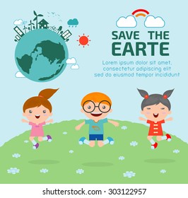 Kids for Saving Earth , Kids for Saving the world, kids save planet, ecology concept, cartoon character