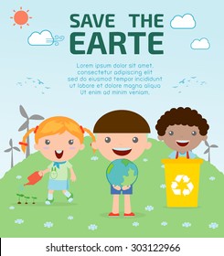 Kids for Saving Earth , Kids for Saving the world, kids save planet, ecology concept, cartoon character