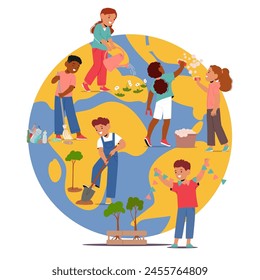 Kids Saving Planet Concept. Happy Children Around A Globe, Watering and Planting Trees, Sweeping, Sharing Gestures Of Peace And Unity. Kid Characters Care of Nature. Cartoon People Vector Illustration