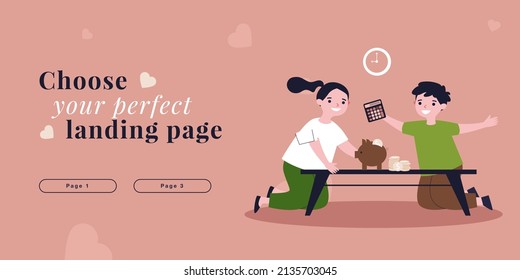 Kids Saving Pocket Money Coins In Piggy Bank. Happy Girl And Boy With Moneybox Flat Vector Illustration. Good Financial Habit, Investment Concept For Banner, Website Design Or Landing Web Page