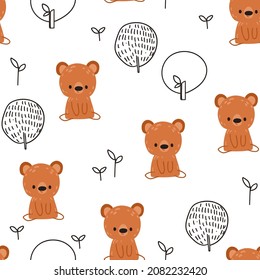 Kids  scandinavian pattern with hand drawn wild forest bears and trees. Childish seamless pattern for fabric, paper, wrapping, clothing, textile, wallpaper. Vector illustration