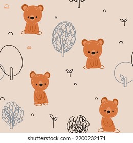 Kids  scandinavian pattern with hand drawn wild forest bears and trees. Childish seamless pattern for fabric, paper, wrapping, clothing, textile, wallpaper. Vector illustration