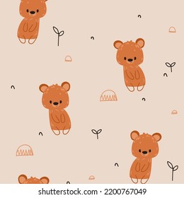 Kids  scandinavian pattern with hand drawn wild forest bears and trees. Childish seamless pattern for fabric, paper, wrapping, clothing, textile, wallpaper. Vector illustration