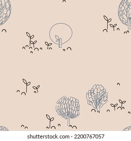 Kids  scandinavian pattern with hand drawn forest trees. Seamless pattern for fabric, paper, wrapping, clothing, textile, wallpaper. Vector illustration