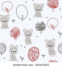 Patrón escandinavo infantil con osos polares y árboles dibujados a mano. Patrón sin costura infantil para tela, papel, envoltura, ropa, textil, papel pintado. Ilustración del vector