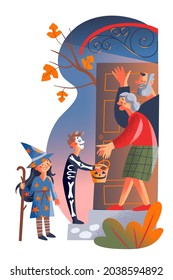 Kids in scary monsters costumes with Halloween treat vector illustration. Cartoon witch with hat, ghost skeleton children characters walking to family house with pumpkin treat bucket isolated on white