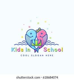 Kids School Abstract Vector Sign, Emblem Or Logo Template. Cheerful Funny Whales With Book Illustration. Isolated.