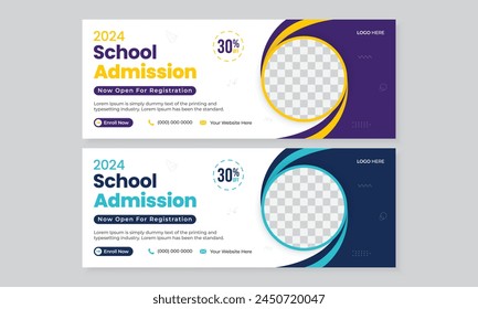 Kids school admission, back to school, online education social media post, facebook timeline cover page design template, colorful web banner layout set in modern and minimal trendy latest style