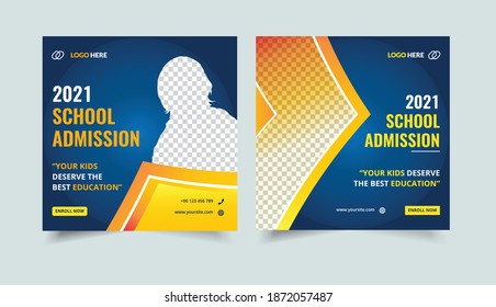 Kids school admission social media post template. Children education web banner design and back to school square flyer template. 